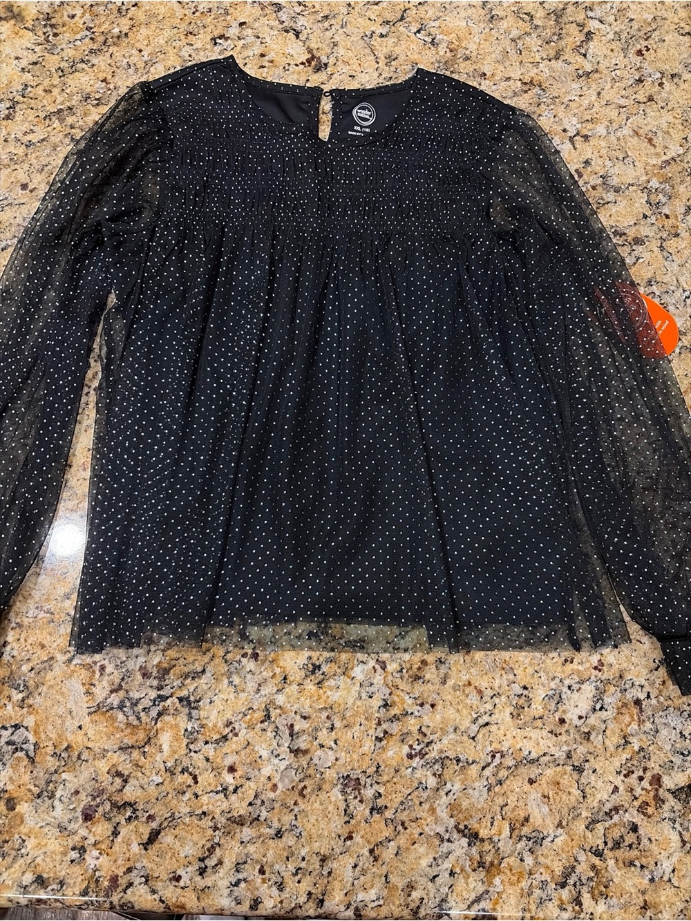 wonder nation Girl’s smocked tulle long sleeved top Black Silver Dot (XXL) 18 NW